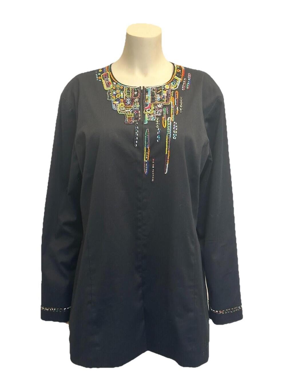 Chicos Blk Beaded Sequin Jacket Size 3 Womens Embellished Hook Eye Green Lining